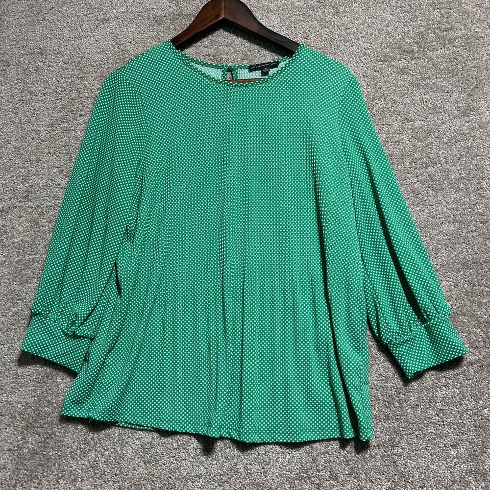 Adrianna Papell Woman’s Green White Dots Long Sleeve Blouse Top Size Medium